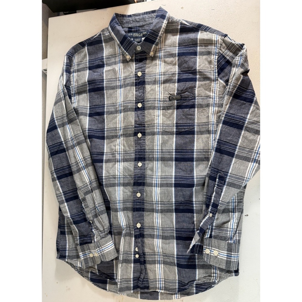 U.S Polo Assn Men's Blue Plaid Long Sleeved Button Up Men's‎ Shirt Large